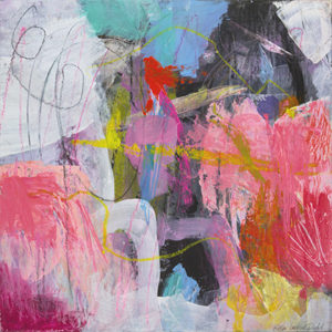 A painting of pink and yellow abstract shapes